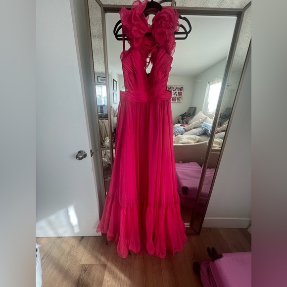 Mac Duggal Ruffle Tiered Cut-Out Chiffon Gown Hot Pink - Picture 3 of 12